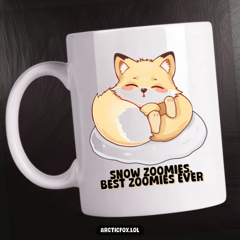 Funny Arctic fox mug, playfully rolling in a fluffy snowdrift with pure, unadulterated joy and a big smile.