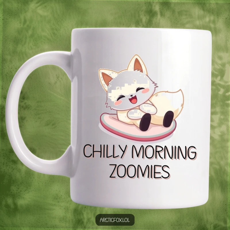 Funny arctic fox mug showing a happy creature sliding down a snowy hill on its belly, full of cheerful winter delight.