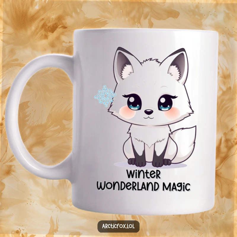Funny mug featuring an arctic fox with big, sparkling eyes, gazing in awe at a single, detailed snowflake drifting down.