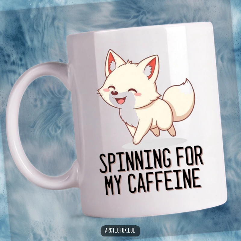 Funny mug with a grinning arctic fox happily chasing its own tail in a circle, embodying pure, silly joy.