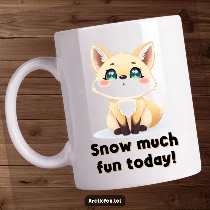 Funny mug featuring an arctic fox with wide, excited eyes enthusiastically watching delicate snowflakes drift down in a winter wonderland.