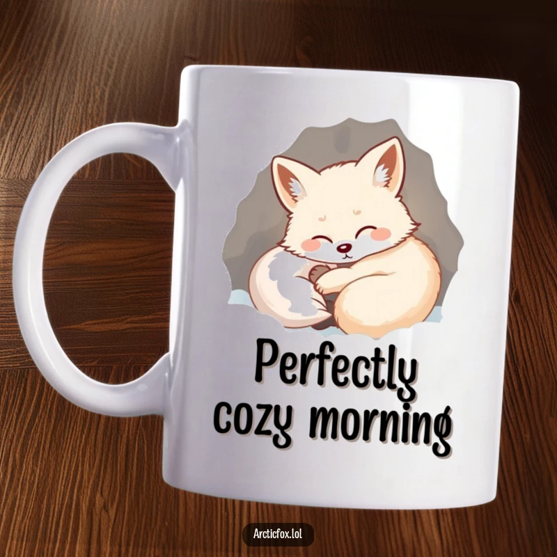 Funny mug features a content arctic fox curled up in a snug, snowy den, letting out a happy, peaceful sigh.