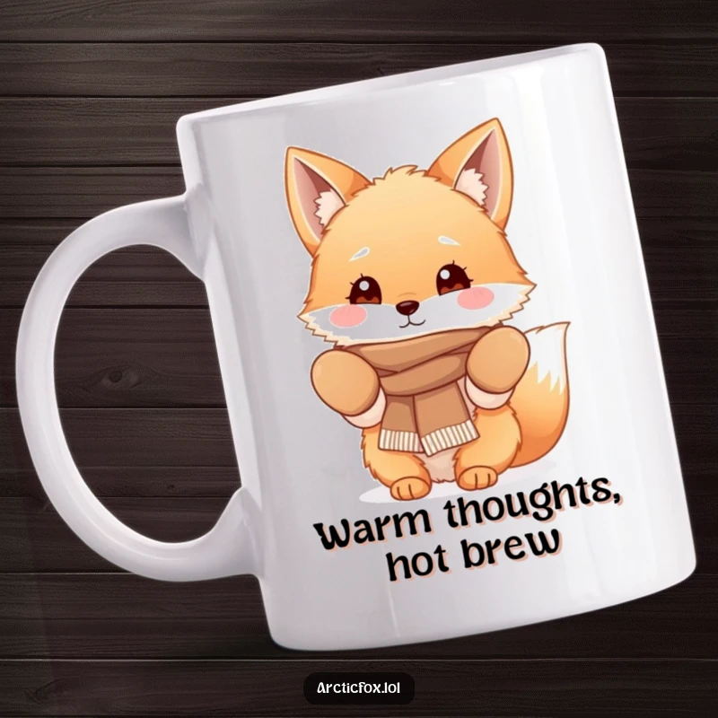 Funny Fluffy Fox Mug featuring a cute fox character wearing cozy mittens and a scarf, embodying winter warmth and charm.