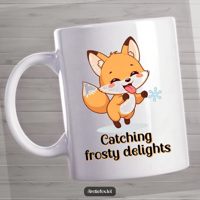 Funny mug with a happy fox character sticking its tongue out, joyfully pursuing a delicate snowflake in the winter air.