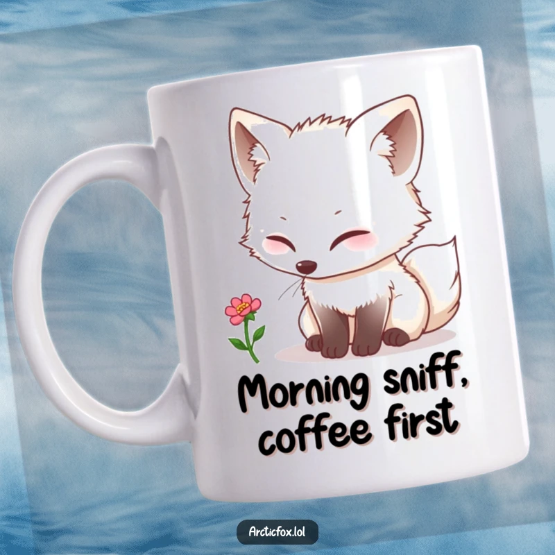Funny kawaii arctic fox curiously sniffing a tiny single bloom, depicted on a delightful mug.
