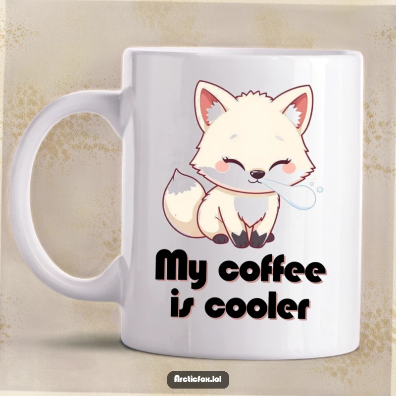 Funny Kawaii Arctic Fox Mug with frosty breath creating a small puff of mist, a cute and chilly gift.