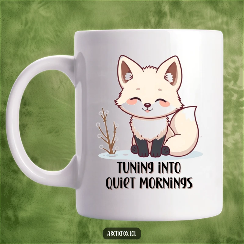 Funny Kawaii arctic fox with ears perked, attentively listening to winter sounds, a humorous and cute mug design.