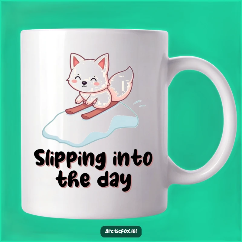 Funny Kawaii Arctic Fox Mug, Gleeful Ice Slide, Perfect Humorous Gift for Winter Fun