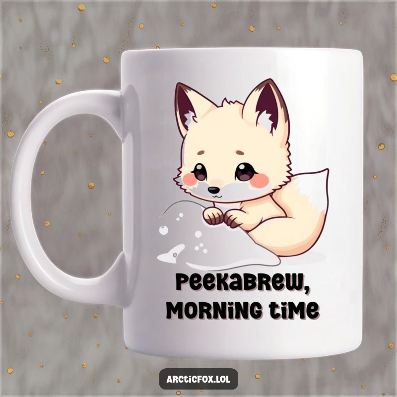 Funny Kawaii Arctic Fox Mug, peeking from behind snowy drift, ears perked curiously, adorable arctic animal illustration, excellent funny gift for animal fans