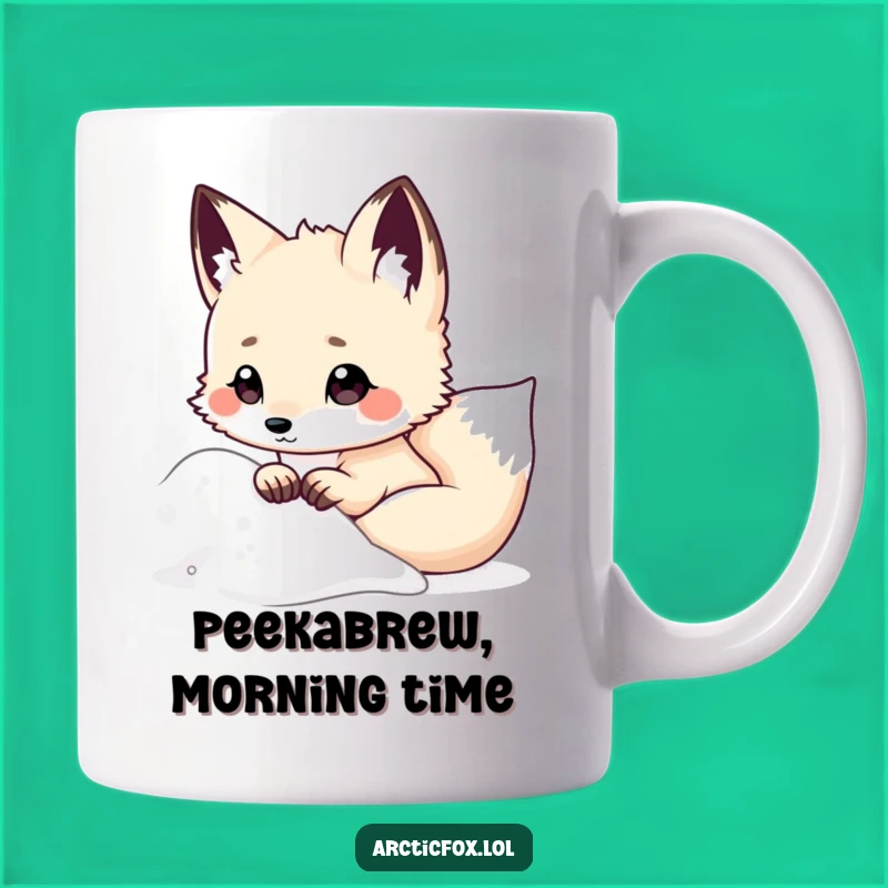 Funny Kawaii Arctic Fox Mug, Snowy Peek, Ears Perked, Perfect Humorous Gift