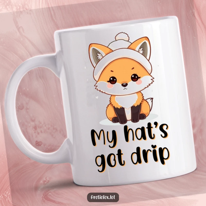 Funny Kawaii Arctic Fox Mug wearing a tiny, crooked snowball hat, exuding winter charm and humor.