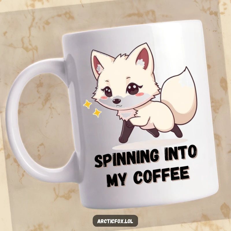 Funny mug illustration of an energetic Arctic fox with a playful spark in its eyes, joyfully chasing its own tail in circles.