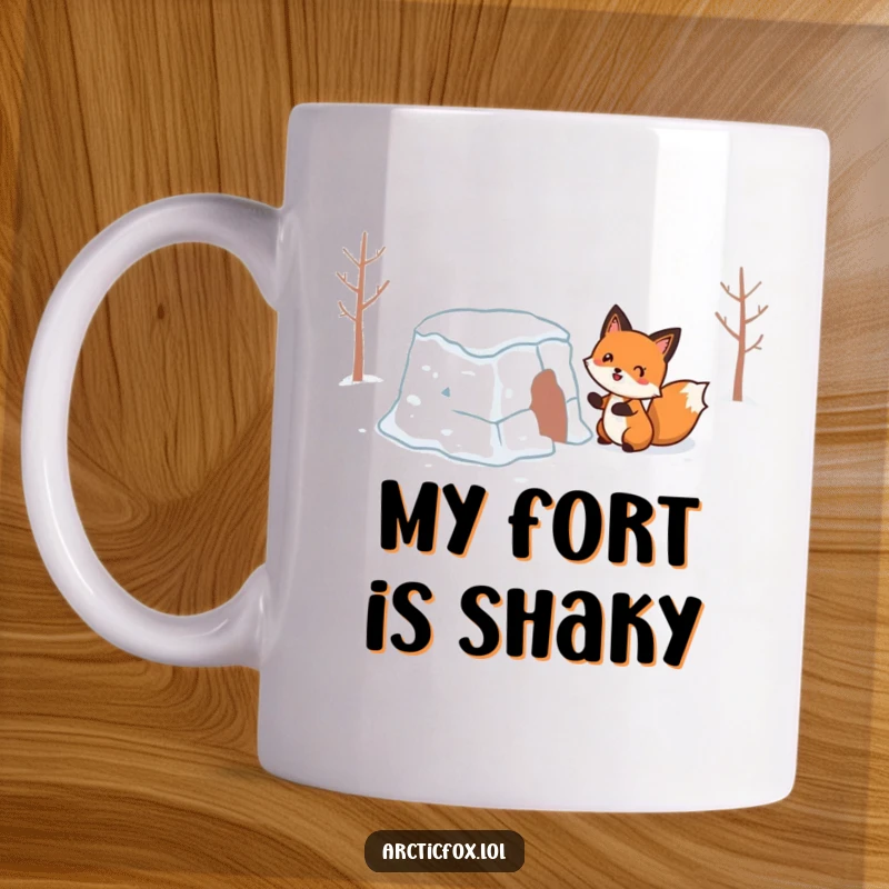Funny Mug: A happy fox struggling comically to build a wobbly snow fort, capturing winter's playful chaos.