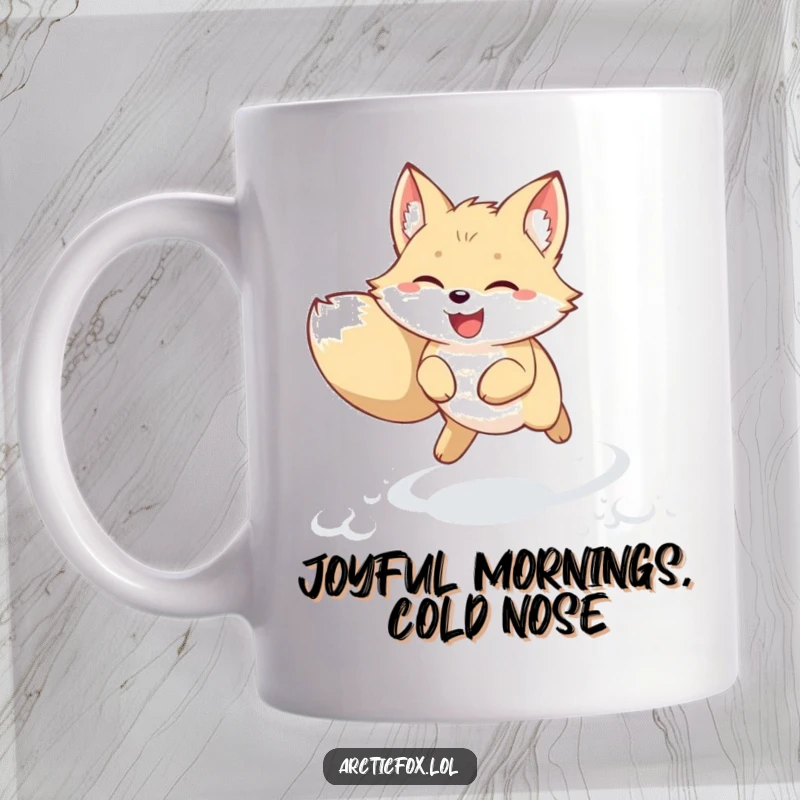Funny kawaii arctic fox mug, captured mid-leap joyfully through fresh snow with perked ears. Adorable and heartwarming winter animal design.