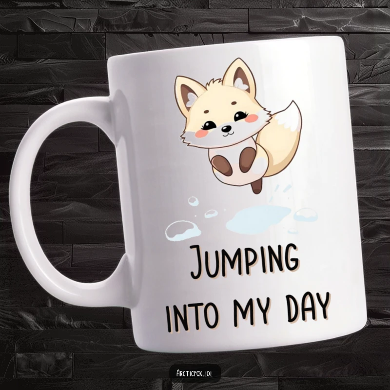 Funny Kawaii Arctic Fox Mug: A cute, cartoon-style arctic fox joyfully leaping through fresh, powdery snow.