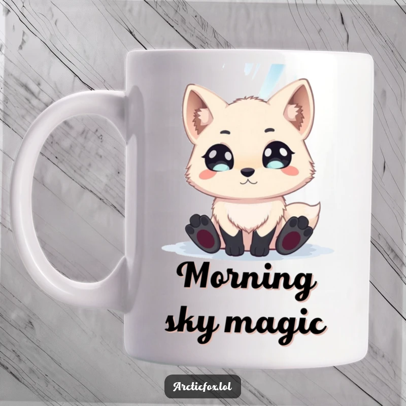 Funny arctic fox with wide, captivated eyes gazing up at a vibrant, shimmering aurora borealis.