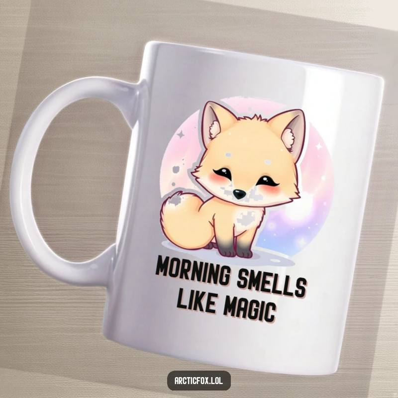 Funny Kawaii arctic fox mug curiously sniffing a colorful, magical aurora borealis in the night sky.