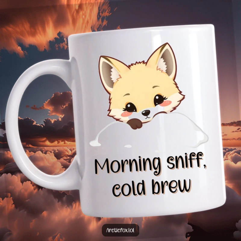 Kawaii Arctic fox with big eyes curiously peeking from behind a snowy drift on a mug, cute gift.