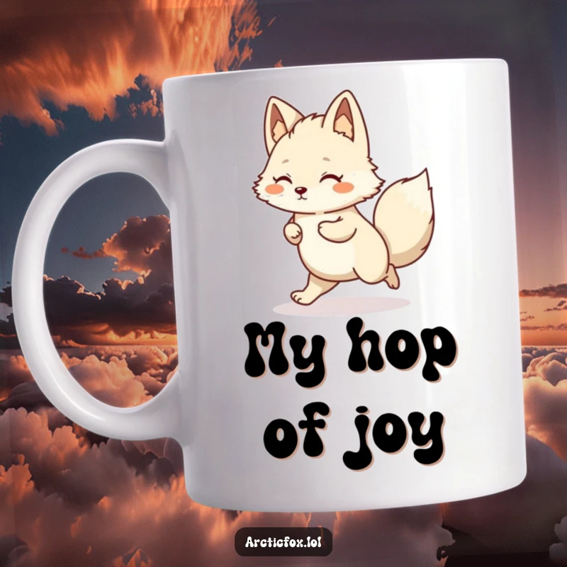 Funny Kawaii Arctic Fox Mug depicting a happy little hop, spreading joy and humor.