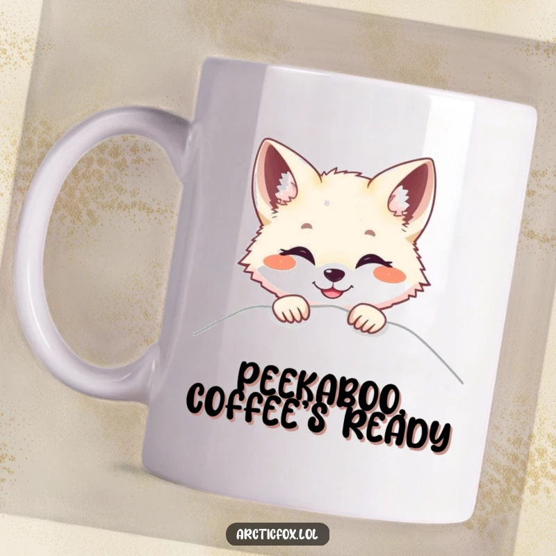 Funny Arctic fox mug, playfully peeking over a snow drift with a wide, bright, and infectious smile.