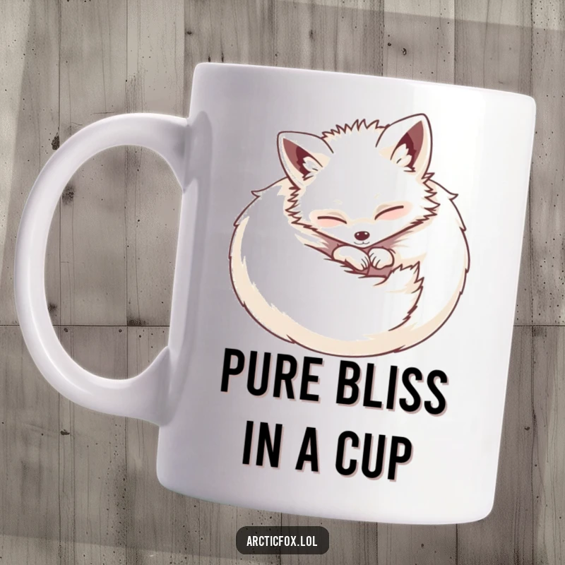 Funny mug illustration of a fluffy Arctic fox curled up tightly into a contented, round ball, radiating pure happiness and relaxation.