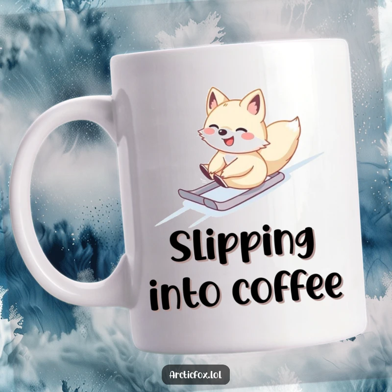 Cute Arctic fox sliding gleefully down a snowy slope on a mug, perfect for winter enjoyment.
