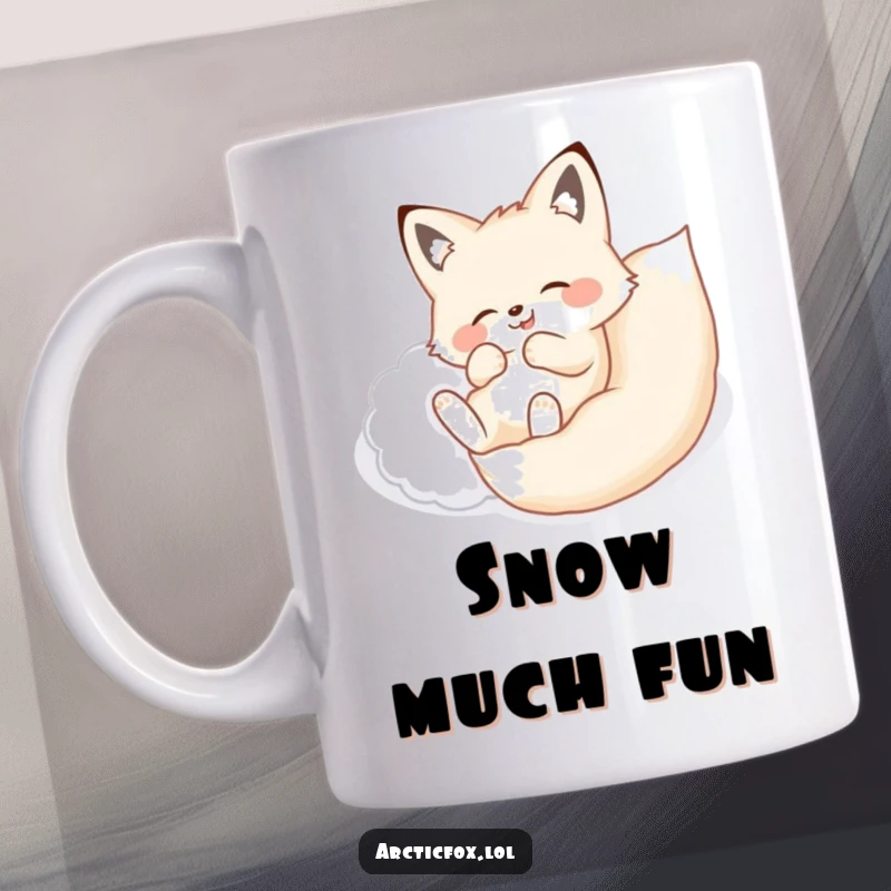 Funny mug showing a happy arctic fox joyfully rolling onto its back in a pile of soft, fluffy white snow.