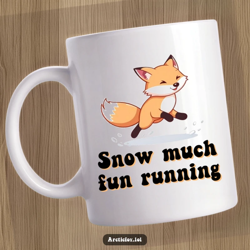 Funny Arctic Fox Mug: Energetic fox running, kicking snow clouds, whimsical and full of life, a perfect funny gift.