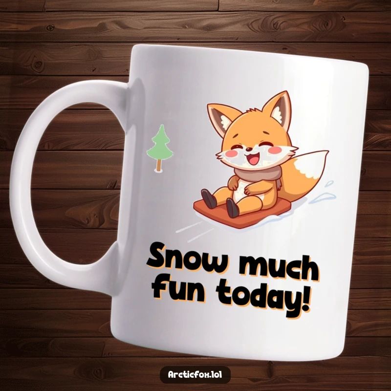 Funny mug with a playful fox character giggling uncontrollably while enjoying a fast slide down a snow-covered hill.