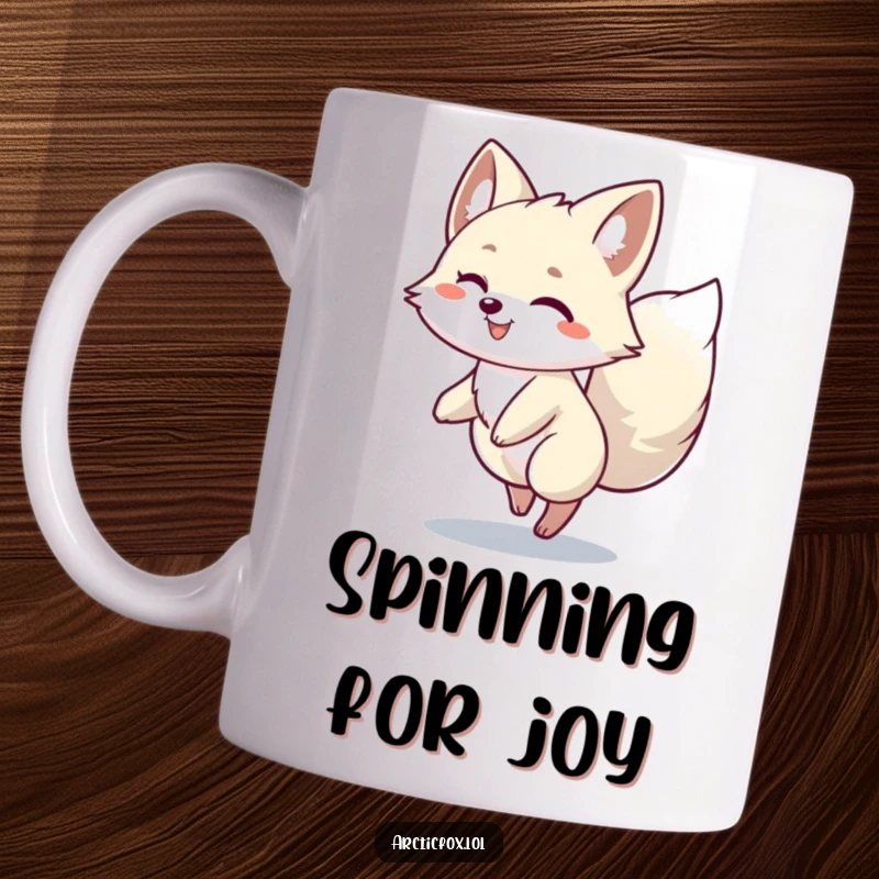 Funny Arctic Fox Spin Mug: An Arctic fox character happily spinning around with its bushy tail held high in pure delight.