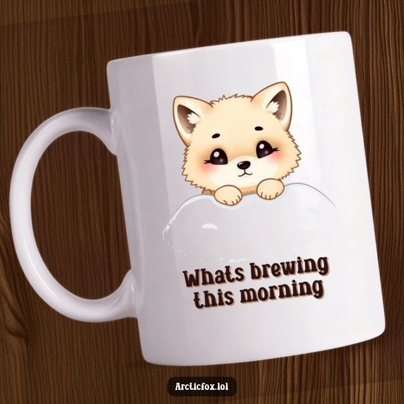 Funny mug illustration of a chubby, cute Arctic fox peering curiously with big eyes out of a fluffy snowdrift, looking inquisitive.