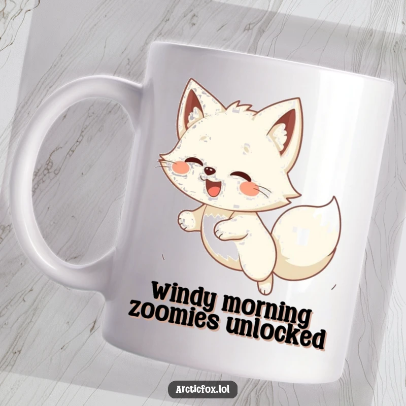 Funny Kawaii arctic fox pouncing joyfully on a playful gust of wind, cute and energetic design for mugs.
