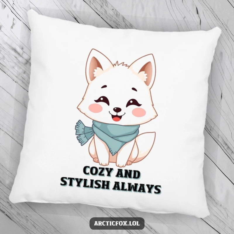 Funny pillow designed with a cheerful, smiling Arctic fox wearing a small, knitted scarf, adding a touch of warmth and humor to decor.
