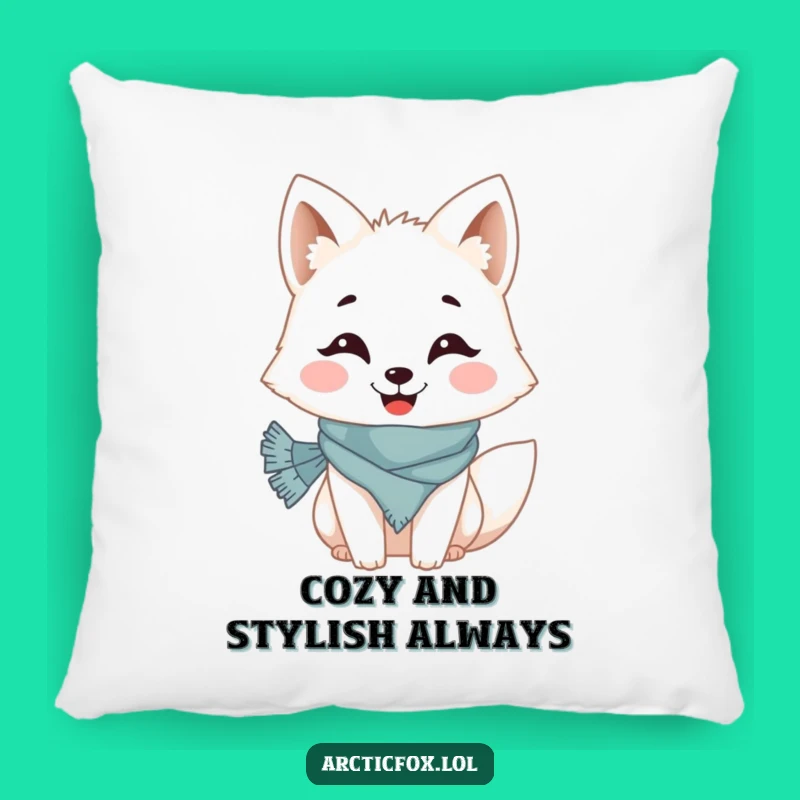 Funny Arctic Fox Pillow: Cheerful Grin, Cozy Scarf Decor, Gift