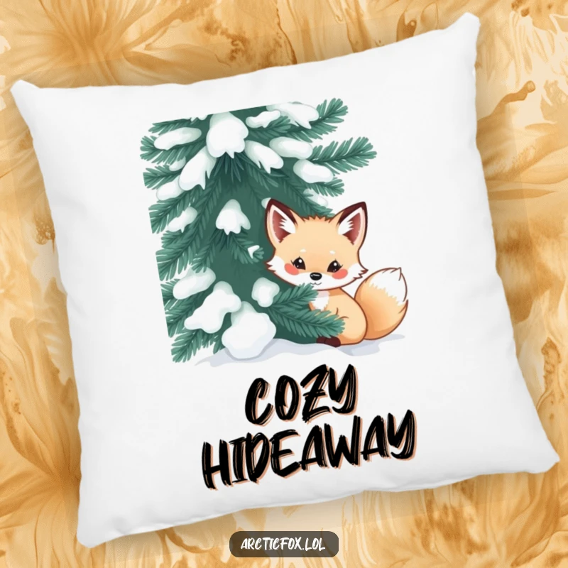 Funny arctic fox pillow featuring a curious creature peeking from behind a snow-dusted evergreen, perfect for cozy, mysterious vibes.