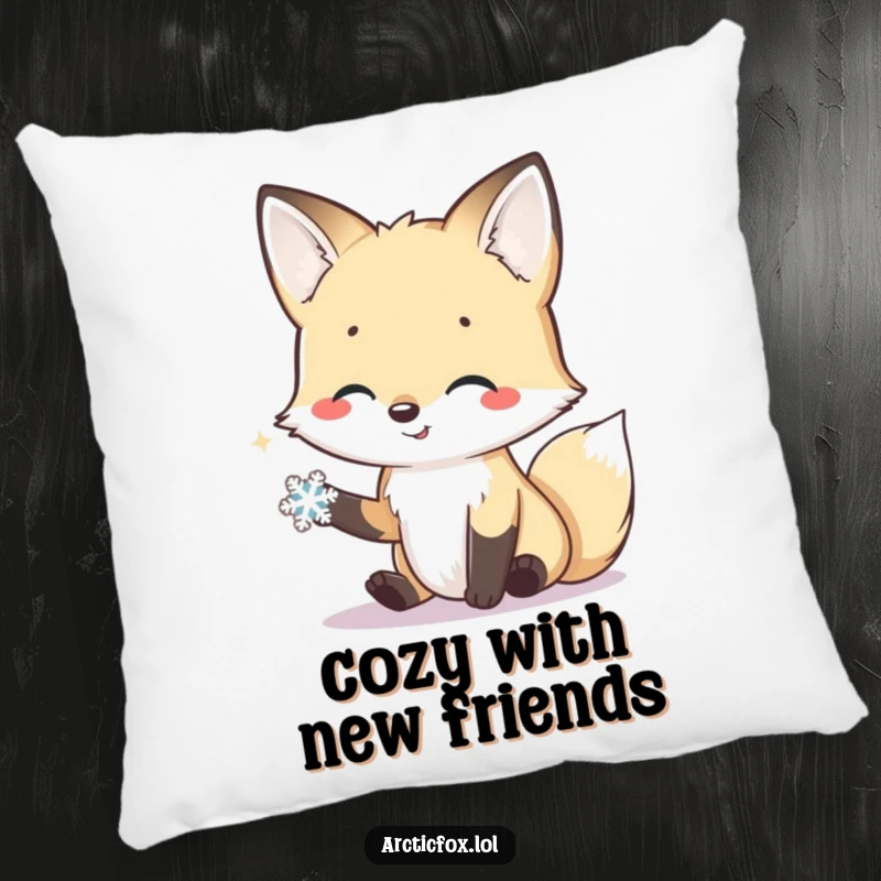 Funny pillow showcasing a smiling arctic fox extending its paw in a friendly greeting to a tiny snowflake.