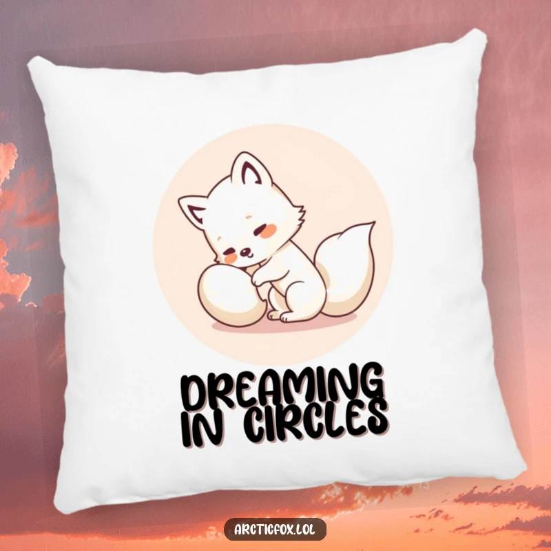 Funny Kawaii Arctic Fox Pillow: Soft, plush cushion featuring a cute white fox comically spinning after its tail, bringing cozy humor.