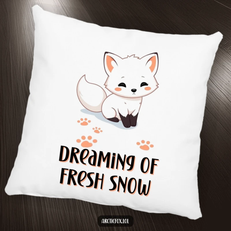 Funny cute Arctic fox pillow, showing playful paw prints in the snow, offering comfort and a touch of arctic whimsy.