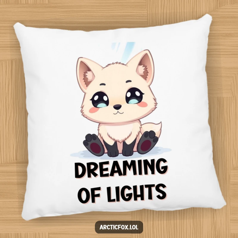 Funny arctic fox with wide eyes mesmerized by the aurora borealis, adorning a soft and comfortable pillow.
