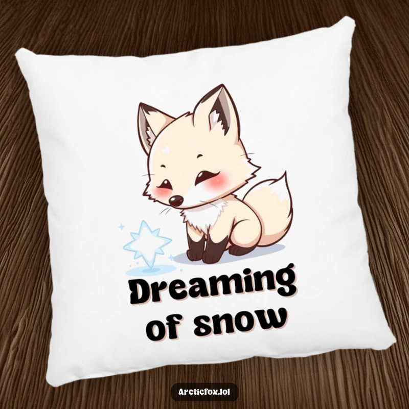 Funny Arctic fox pillow, playfully chasing snowflake, cozy winter decor, soft and full of charm, a perfect funny gift.