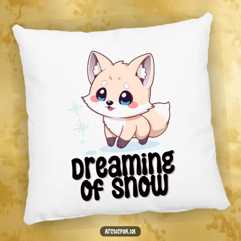 Funny Arctic Fox Pillow: A small Arctic fox with wide, eager eyes playfully chases a snowflake, creating a cozy vibe.