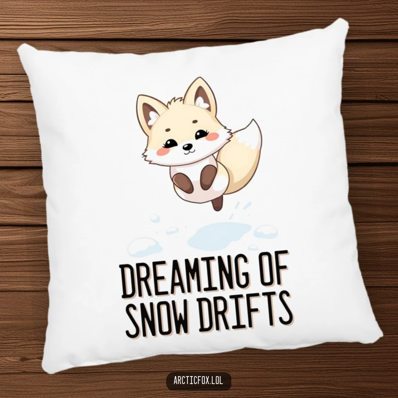 Funny Kawaii Arctic Fox Pillow: A plush pillow featuring a kawaii arctic fox joyfully leaping through fresh snow.