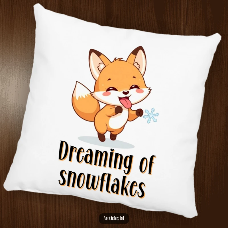 Funny pillow featuring a cute fox with its tongue out, gleefully chasing a snowflake, bringing cozy winter smiles.