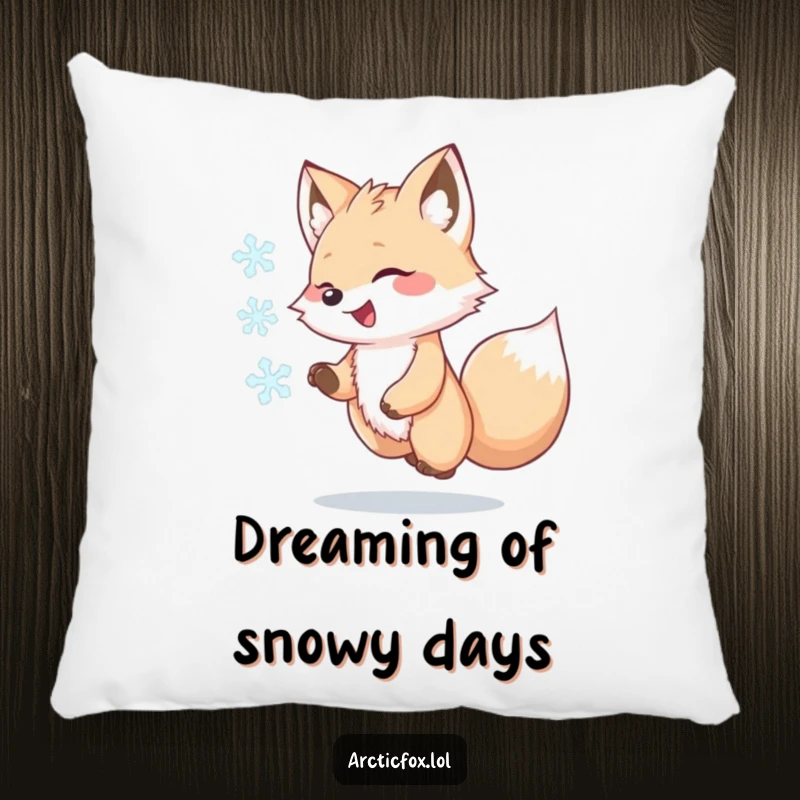Funny Kawaii Arctic Fox Pillow, joyfully chasing a swirling snowflake, soft and decorative cushion, humorous arctic animal design, fantastic funny gift