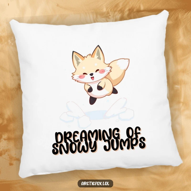 Funny Arctic fox pillow featuring a joyful leap through fresh, powdery snow, offering plush comfort and winter humor.