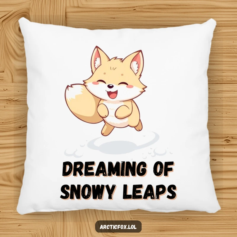 Funny kawaii arctic fox pillow featuring a joyful creature leaping through fresh snow with perked ears. Cozy, cute, and humorous winter animal decor, great funny gift.