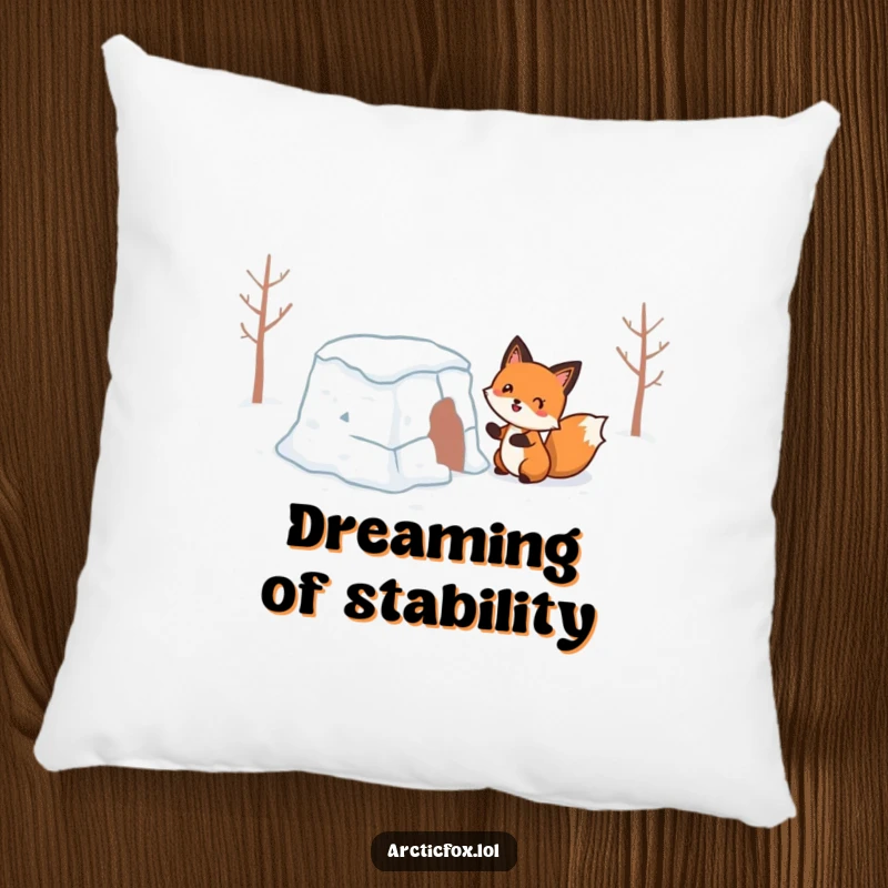 Funny Pillow: A joyful fox hilariously struggling with a wobbly snow fort, perfect for adding comfort and humor.