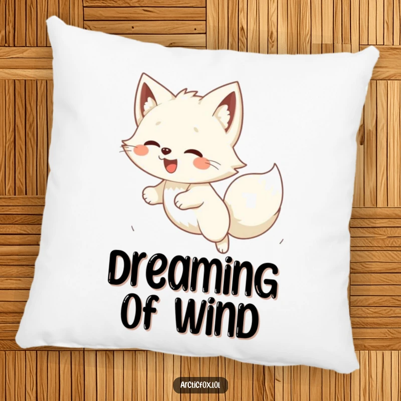 Funny Kawaii arctic fox leaping enthusiastically on a playful gust of wind, a soft and amusing pillow.