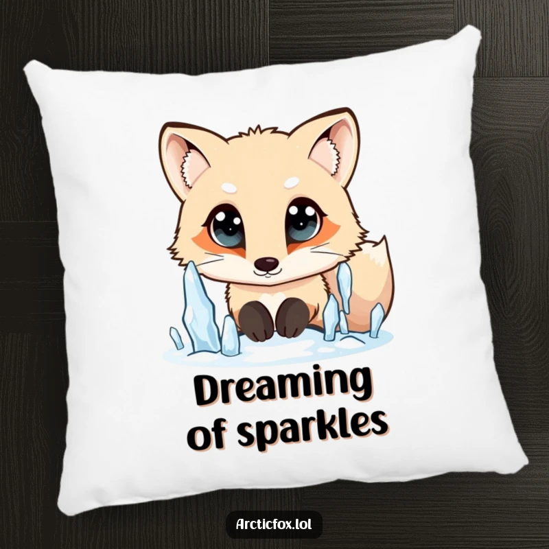 Funny Arctic fox pillow, wide curious eyes, looking at falling icicles, soft and contemplative, a comforting funny gift.