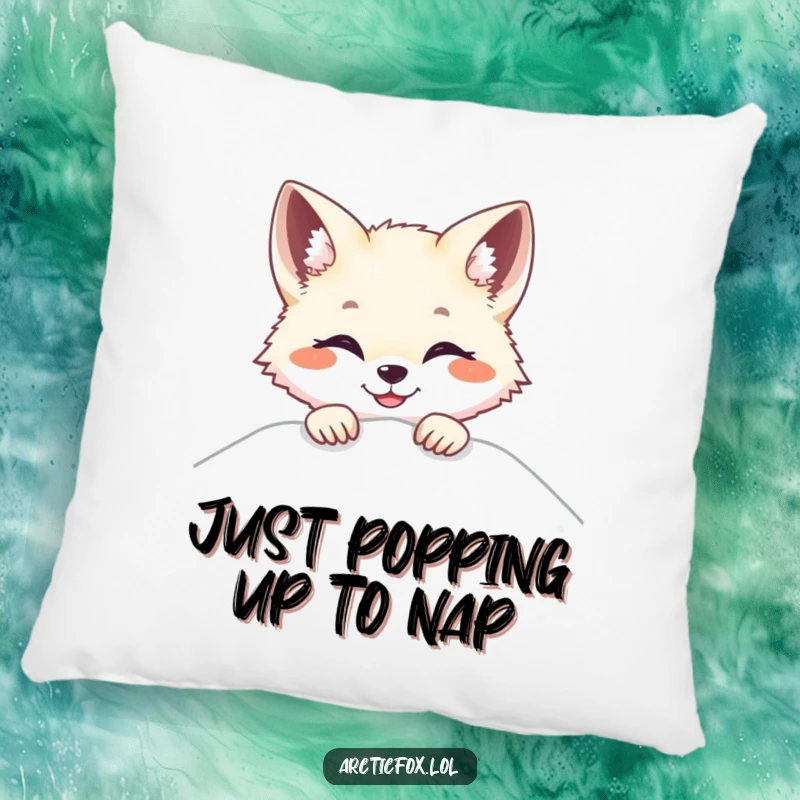 Funny Arctic fox pillow, peeking over snow with a bright smile, adding a playful and cozy touch.